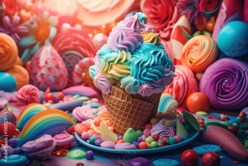 Whimsical Rainbow Ice cream Cone on a Rainbow Candy Land Fantasy background - Generative AI Illustration