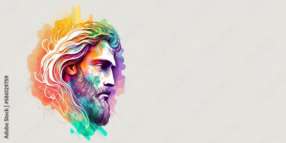 Minimalistic God Jesus on white background. He is risen in easter day concept banner, with God Jesus. Jesus is closer to children in colorful illustrations. Banner with space for text, copy space.