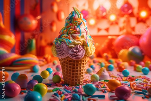 Whimsical Rainbow Ice cream Cone on a Rainbow Candy Land Fantasy background - Generative AI Illustration