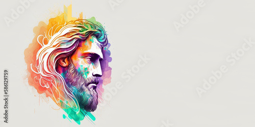 Minimalistic God Jesus on white background. He is risen in easter day concept banner, with God Jesus. Jesus is closer to children in colorful illustrations. Banner with space for text, copy space. © Михаил Осадчук