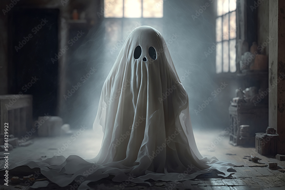 Cute little ghost with sheet and empty eyes in abandoned house. Halloween theme, mysticism concept. Generative AI Cute little ghost with sheet and empty eyes in abandoned house. Halloween theme, mysticism concept. Generative AI