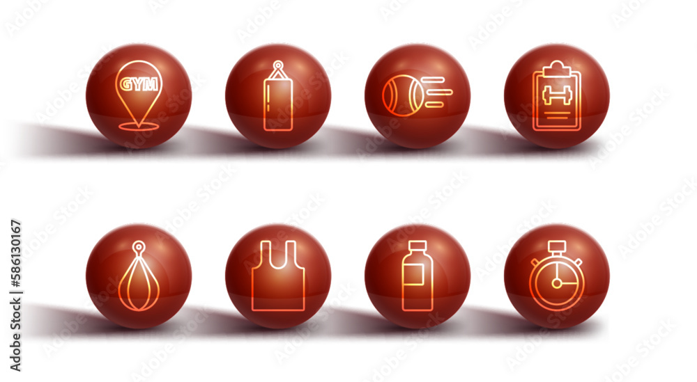 Set line Location gym, Punching bag, Sport training program, Fitness shaker, Sleeveless T-shirt, Stopwatch and Tennis ball icon. Vector Set line Location gym, Punching bag, Sport training program, Fitness shaker, Sleeveless T-shirt, Stopwatch and Tennis ball icon. Vector