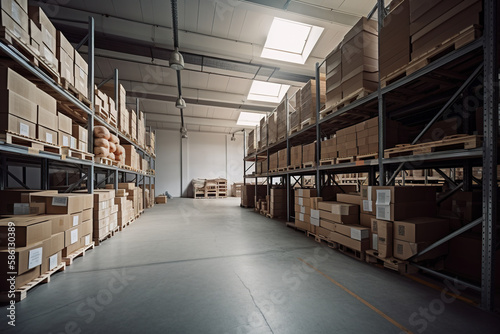 High angle view of warehouse with racks and boxes. This is a freight transportation and distribution warehouse. Industrial and industrial background, Generative AI