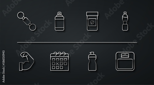Set line Dumbbell, Bodybuilder muscle, Bottle of water, Fitness shaker, Calendar fitness, Punching bag, Bathroom scales and Anabolic drugs icon. Vector