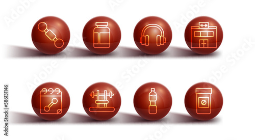 Set line Dumbbell, Calendar fitness, Gym building, Bottle of water, Bench with barbel, Sports nutrition, Anabolic drugs and Headphones icon. Vector