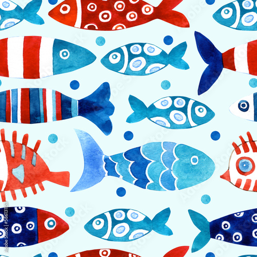 Seamless watercolor pattern with fishes.
Funny, colorful fish on a light background. Fabric, texture, background for bed linen, wallpapers, napkins, wrapping paper.