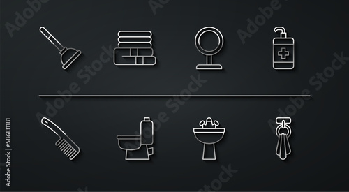 Set line Rubber plunger, Hairbrush, Hand sanitizer bottle, Washbasin with water tap, Toilet bowl, Towel stack, on hanger and Round makeup mirror icon. Vector