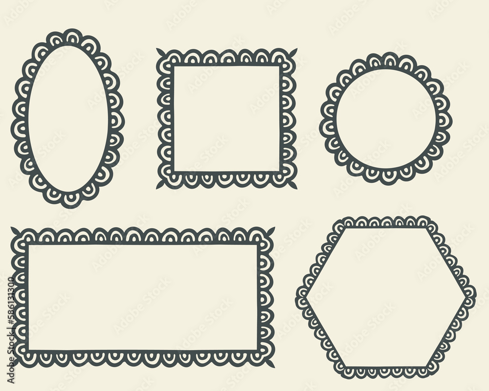 Frames outline set. Hand drawn decorative doodle ink stroke borders collection, ornamental line, circle, square, rectangle, hex shapes for business cards, web design Frames outline set. Hand drawn decorative doodle ink stroke borders collection, ornamental line, circle, square, rectangle, hex shapes for business cards, web design