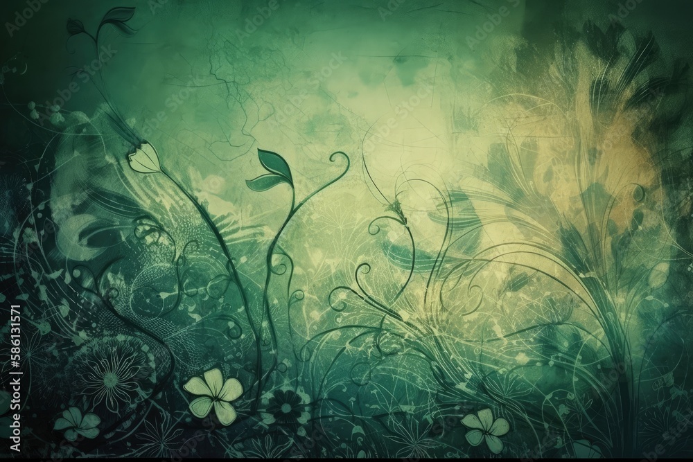 Illustration of artistic floral arrangement on a green backdrop created with Generative AI technology