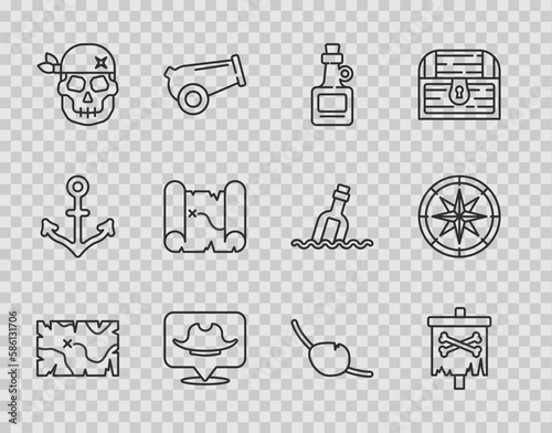 Set line Pirate treasure map, flag, Alcohol drink Rum, Location pirate, Skull, eye patch and Compass icon. Vector