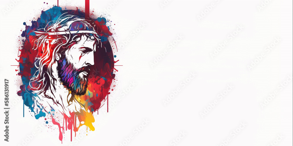 Minimalistic God Jesus on white background. He is risen in easter day concept banner, with God Jesus. Jesus is closer to children in colorful illustrations. Banner with space for text, copy space.
