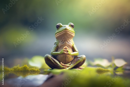 Close-up view of frog in meditation pose. Generative AI