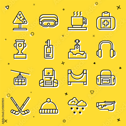 Set line Biathlon rifle, Sport bag, Winter headphones, Hot chocolate cup, Identification badge, Award, Road sign avalanches and winner podium icon. Vector