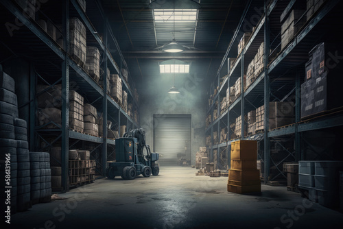 Large warehouse with goods and lifting equipment pr 00x. Generative AI