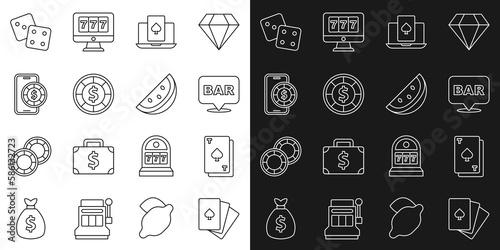 Set line Deck of playing cards, Playing with spades, Alcohol bar location, Online poker table game, Casino chips, Game dice and slot machine watermelon icon. Vector