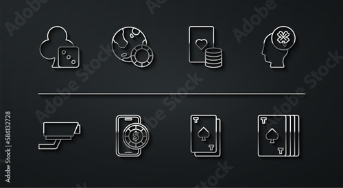Set line Game dice, Security camera, Casino slot machine with clover, Playing card spades, Online poker table game, chips, Deck of playing cards and and icon. Vector