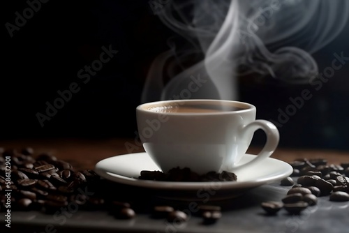 Close-up Coffee Bean. White Coffee Cup on blur Background for Drink Advertisements