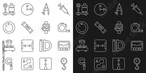 Set line Hand scale spring mechanical, Measuring instrument, Roulette construction, Drawing compass, Construction bubble level, Radius, Scale with suitcase and Smart watch icon. Vector