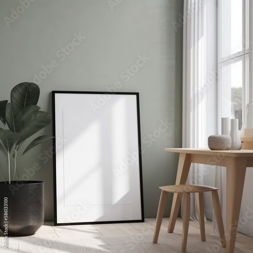 Mockup metal frame in farmhouse scanadinavian living room, bedroom, kitchen... interior, 3d rendering, illustration, scale 1:1 generative AI.