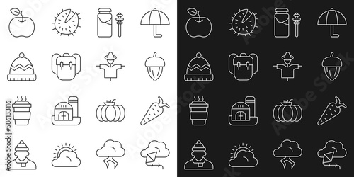 Set line Kite  Carrot  Acorn  Jar of honey and dipper stick  School backpack  Winter hat  Apple and Scarecrow icon. Vector