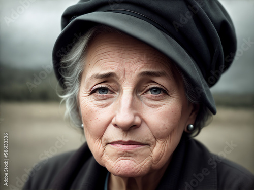 Dramatic portrait of an elderly woman, late autumn landscape as background, dark sky with storm clouds. Generative AI. © soleg