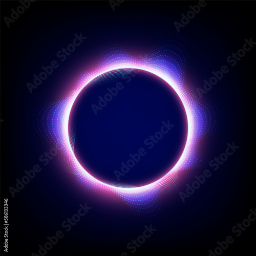 Abstract fantastic background with neon round frame and space portal into another dimension. Energy ring. Vector design.