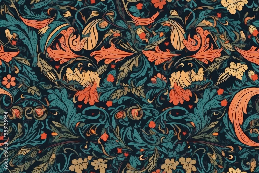 beautiful floral pattern featuring orange and blue flowers created with Generative AI technology