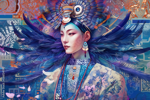 Chinese Opera woman wearing a beautiful silver jeweled imperial Pearls and metals crown and wearing a Kunqu opera costume, generative ai