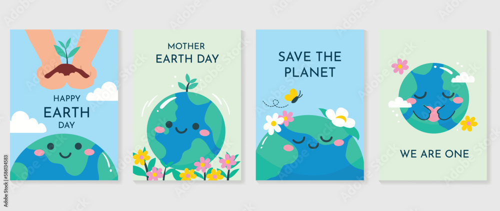 Happy Earth day concept, 22 April, cover vector. Save the earth, globe, plant trees, flower garden, cloud. Eco friendly illustration design for web, banner, campaign, social media post.