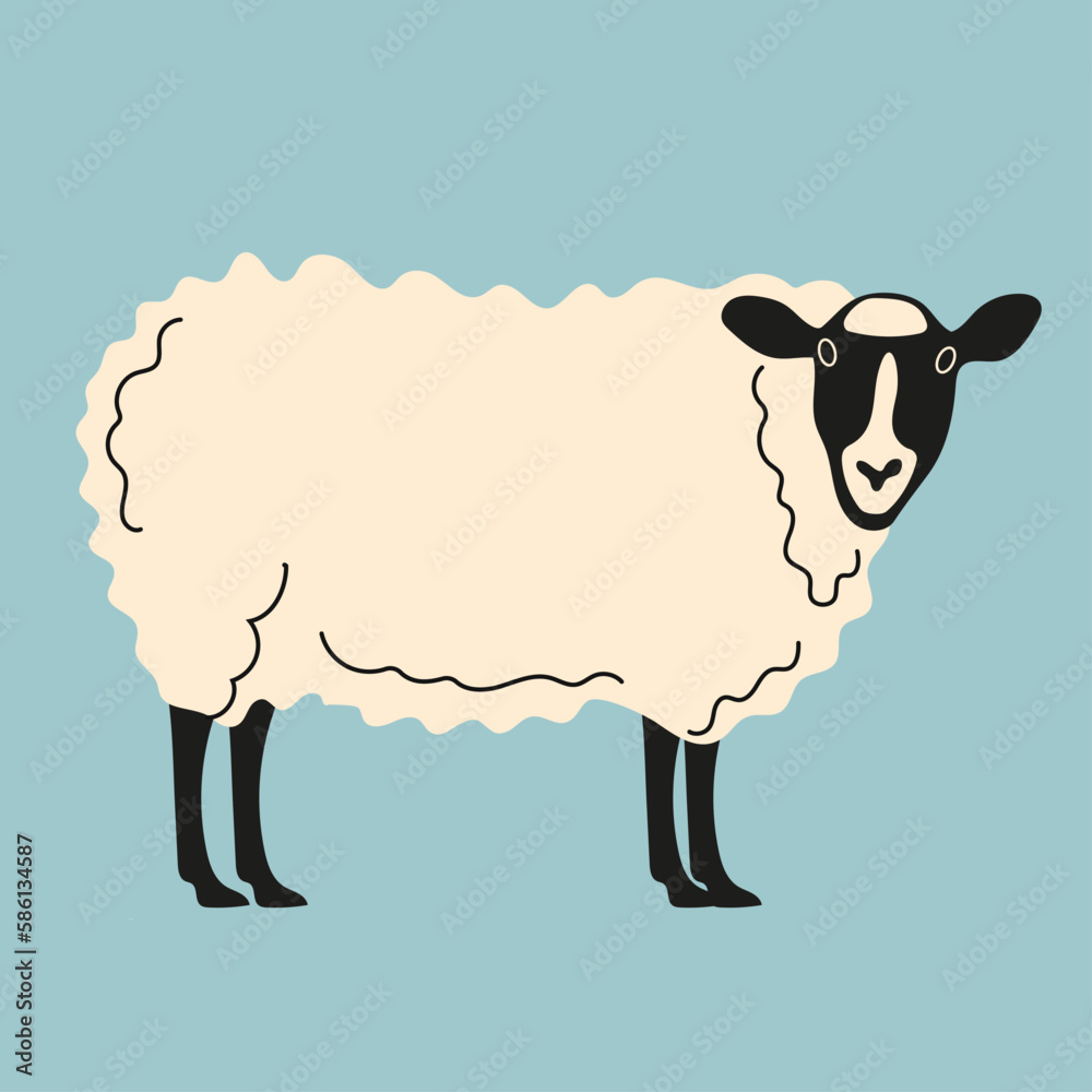 Flat vector illustration of a sheep. A domestic animal with thick woolen fur and black ears. Animal husbandry