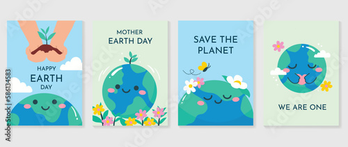 Happy Earth day concept  22 April  cover vector. Save the earth  globe  plant trees  flower garden  cloud. Eco friendly illustration design for web  banner  campaign  social media post.