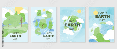 Happy Earth day concept, 22 April, cover vector. Save the earth, globe, forest, trees with watercolor texture. Eco friendly illustration design for web, banner, campaign, social media post.