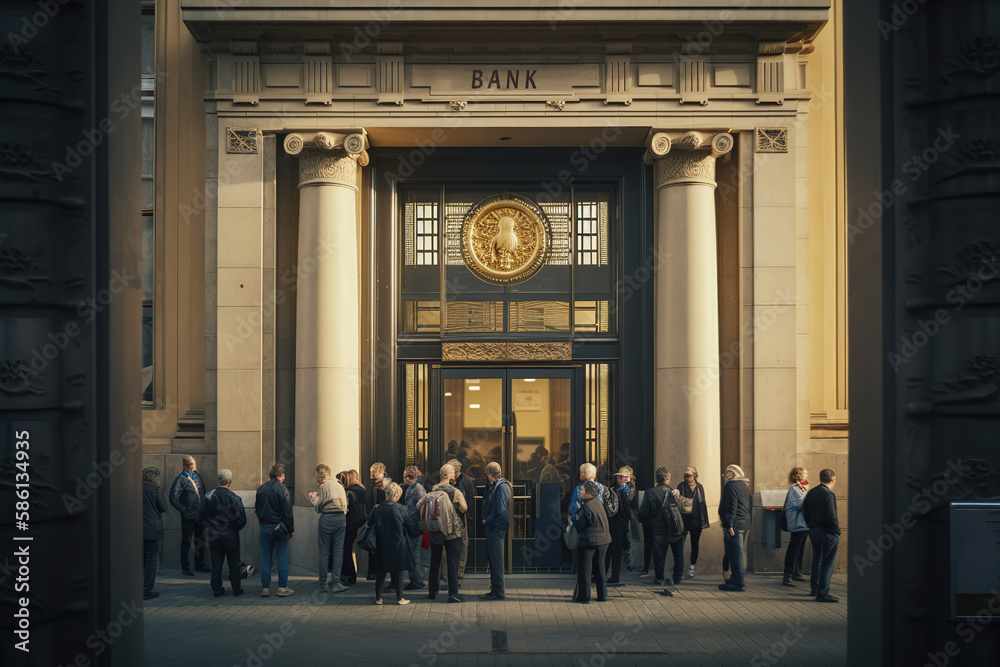 People queuing in front of the bank door - AI Generated