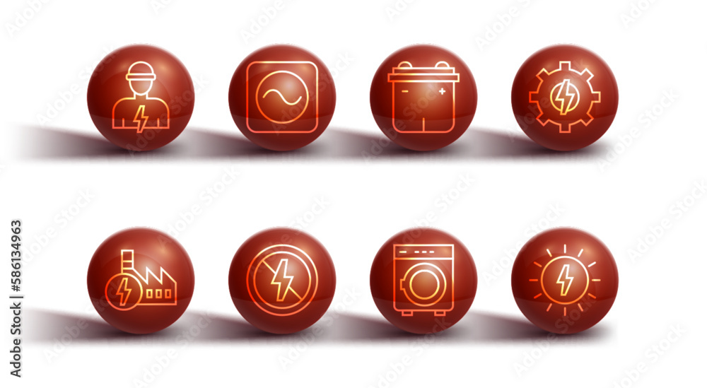 Set line Electrician, Nuclear power plant, Gear and lightning, Washer, No, AC voltage source, Solar energy panel and Car battery icon. Vector Set line Electrician, Nuclear power plant, Gear and lightning, Washer, No, AC voltage source, Solar energy panel and Car battery icon. Vector