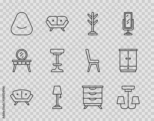 Set line Sofa, Chandelier, Coat stand, Floor lamp, Pouf, Chair, Furniture nightstand and Wardrobe icon. Vector