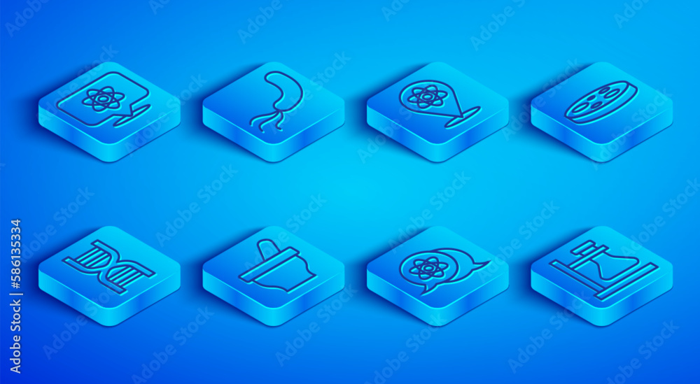 Set line Atom, Bacteria, Mortar and pestle, Petri dish with bacteria, DNA symbol and Test tube flask on stand icon. Vector Set line Atom, Bacteria, Mortar and pestle, Petri dish with bacteria, DNA symbol and Test tube flask on stand icon. Vector