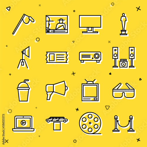 Set line Rope barrier, 3D cinema glasses, Home stereo with two speakers, Smart Tv, Cinema ticket, Movie spotlight, Microphone and Movie, film, media projector icon. Vector