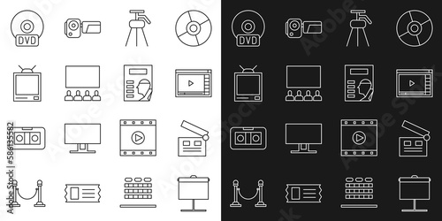 Set line Projection screen, Movie clapper, Online play video, Tripod, Cinema auditorium with, Retro tv, CD DVD disk and poster icon. Vector