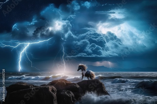 beautiful horse running over the stormy sea, generative AI