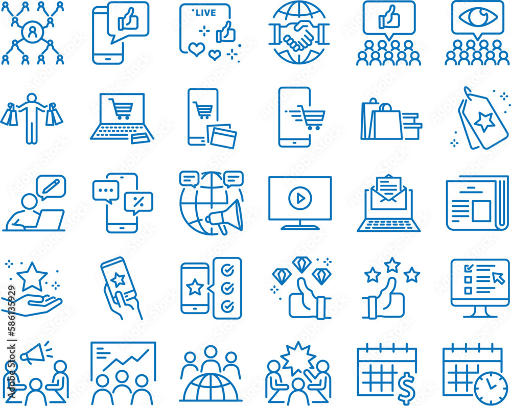 Marketing icon set, 30 digital marketing icon set blue vector Marketing icon set, 30 digital marketing icon set blue vector