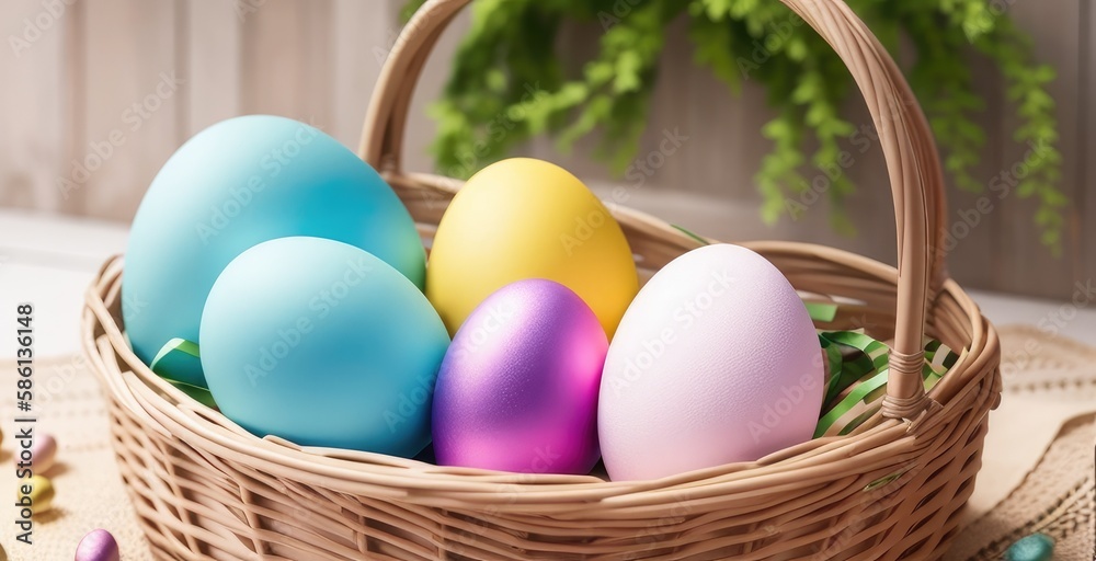 Colorful Easter Eggs in a Basket, Easter Holiday, Easter Decorations, Easter Background Colorful Easter Eggs in a Basket, Easter Holiday, Easter Decorations, Easter Background