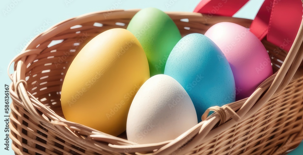 Colorful Easter Eggs in a Basket, Easter Holiday, Easter Decorations, Easter Background
