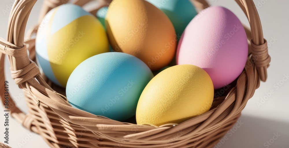 Colorful Easter Eggs in a Basket, Easter Holiday, Easter Decorations, Easter Background Colorful Easter Eggs in a Basket, Easter Holiday, Easter Decorations, Easter Background