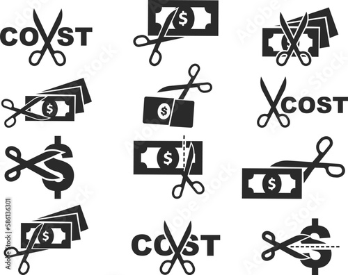 Cost reduce icon set, 12 costs optimisation icon set black vector
