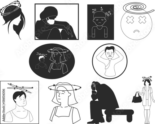 Illness icon set, 10 dizziness icon set black vector