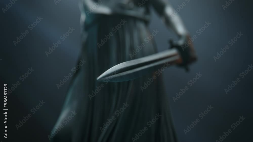 Cinematic and Atmospheric Close-up Shot of Sword in Hand of Lady Justice Sculpture.
A Opening Sequence for Court Show Mock-up.