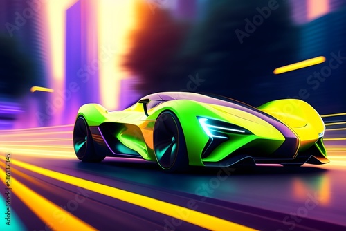Rendering of "Electric Sport Car in Future City". Generative AI.  © Leandro