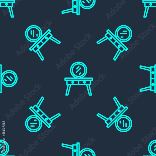 Green line Dressing table icon isolated seamless pattern on blue background. Vector