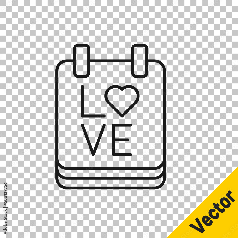 Black line Calendar with February 14 icon isolated on transparent background. Valentines day. Love symbol. Vector