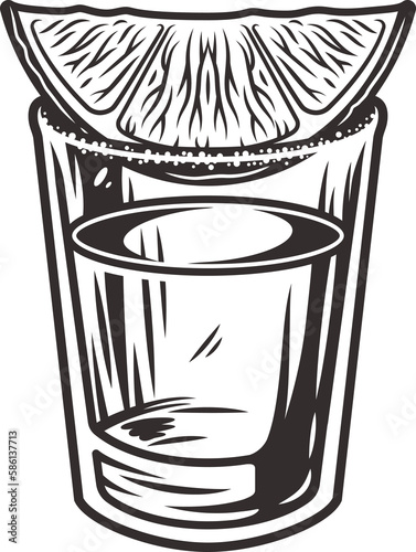 Tequila shot with lime and salt. Hand drawn illustration converted to vector isolated on white background
